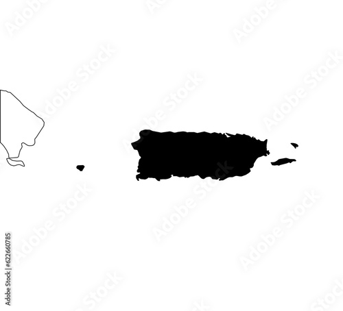 Map of an outline of the country of Puerto Rico highlighted in black isolated on a white background with the surrounding countries outlined