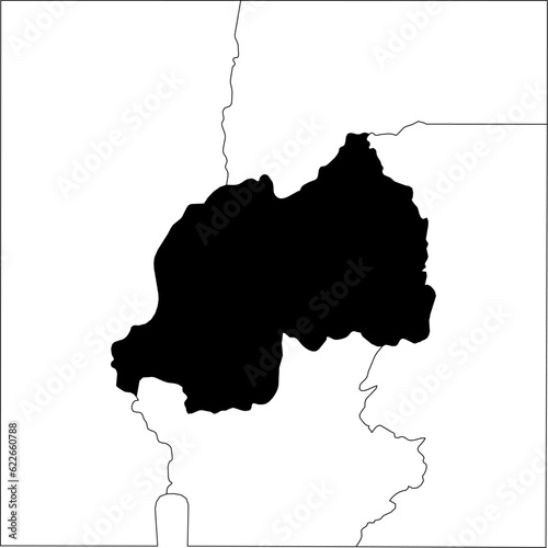 Map of an outline of the country of Rwanda highlighted in black isolated on a white background with the surrounding countries outlined