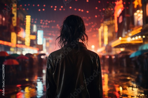 A Moment of Reflection  Immersed in Rainfall  a Woman Stands Alone  Silhouetted by the Mesmerizing Neon Lights of a Bustling Night City  Exhibiting Perfect Depth of Field Generative AI