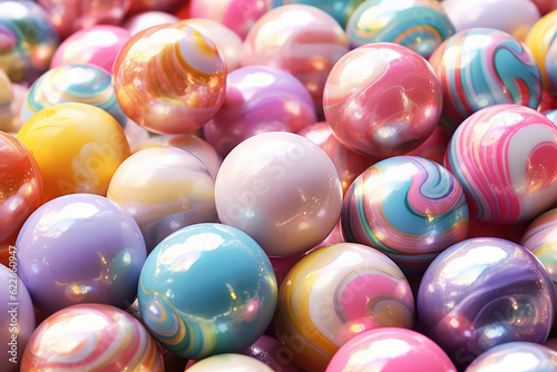 Above view of lots of little multi-colored glossy balls with light reflections. Marble glass balls, creative wallpaper, background or backdrop. Generative AI photo imitation.