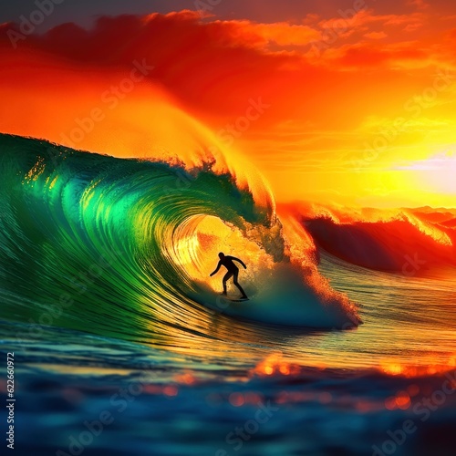 surfer at sunset in the eye of the wave - generative ai