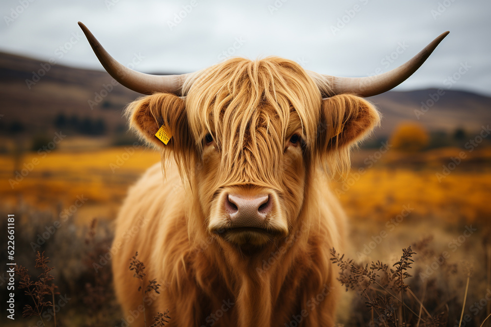 Portrait of single highland cow standing in field with sad face - obrazy, fototapety, plakaty 