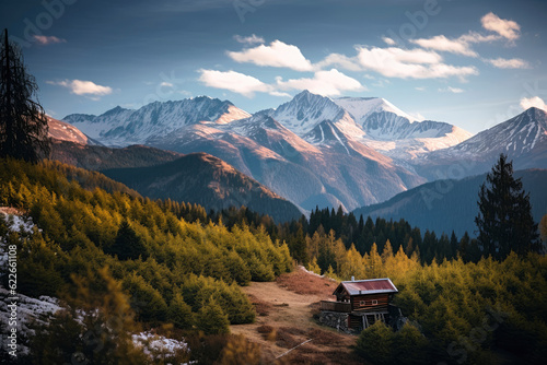 swiss mountains cabin in the morning - generative ai