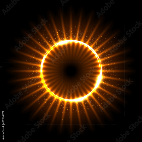 Solar eclipse with gold fiery flashes on edge vector illustration. Abstract golden circle frame of sun, planet or star with sparkles and energy flare, globe with glow light effect of shiny corona