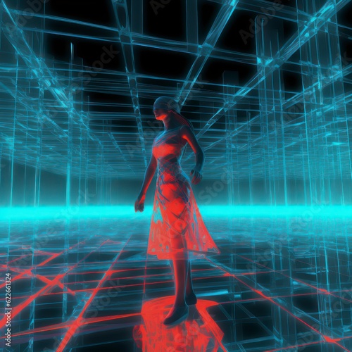 anaglyph 3D photograph of a full body woman, dance floor background, stylized 
