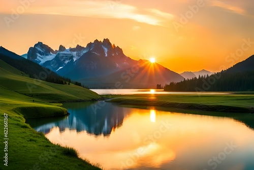 sunrise in the mountains and lake Generated with AI © feroooz arts