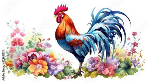 A Male rooster with watercolor flowers on white background © Ai Expert