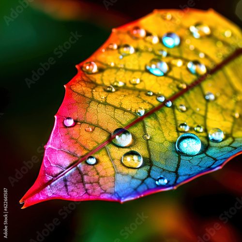 Water droplets on a colored leaf - generative ai