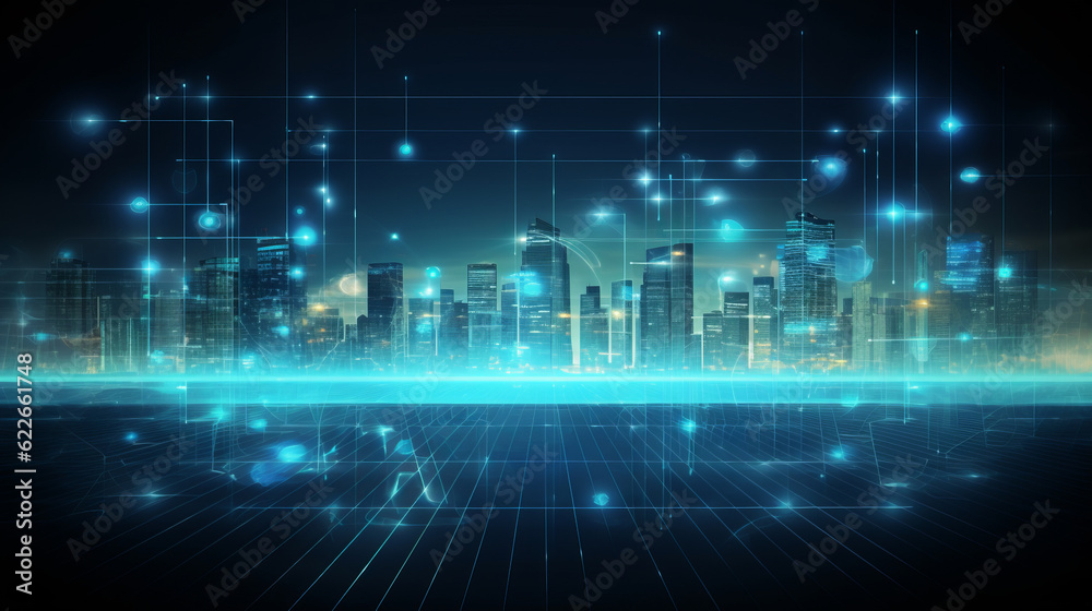 Digital blue background with data points and city skyline in backdrop Digital blue background with data points and city skyline in backdrop