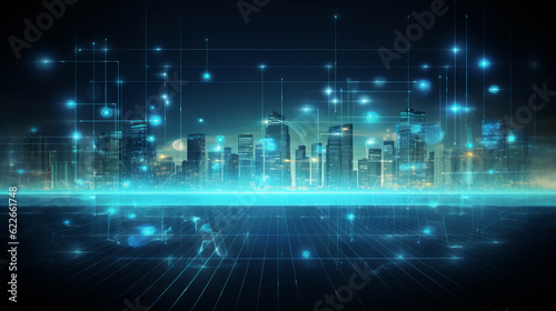 Digital blue background with data points and city skyline in backdrop