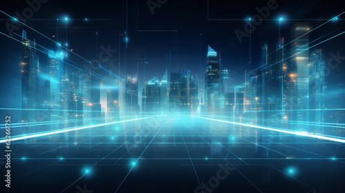 Digital blue background with data points and city skyline in backdrop