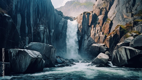 Cascade of Waterfall on Rocky Landscape. Generative AI.
