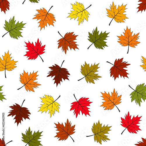 Autumn leaves seamless pattern. Vector illustration. Multicolored leaves on white background.
