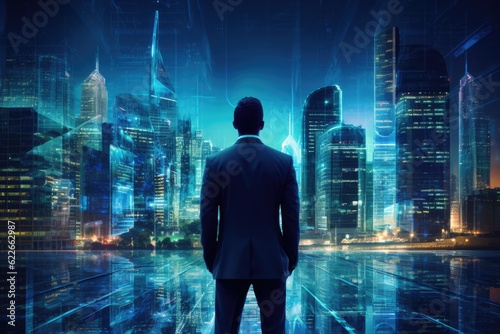 businessman or corporate employee in a suit standing on a background of virtual skyscrapers, advanced reality, Generative AI