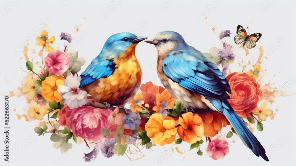 Cute Watercolor Birds Couple with colorful flowers