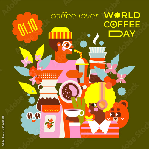 What could be better than starting the day with a delicious cup of coffee in your favorite café. Illustration of young, modern people enjoying coffee. The design will make your ad more visible.