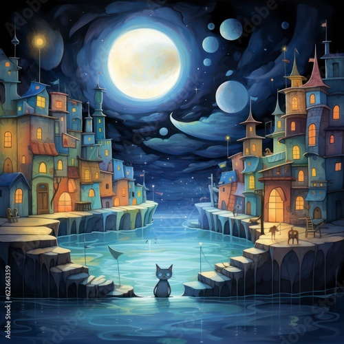 a cute cat jumping in a multi-dimension 4D town, smooth moon light , super sweet,