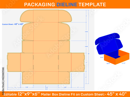12x9x6 Vector Mailer Box Dieline Template