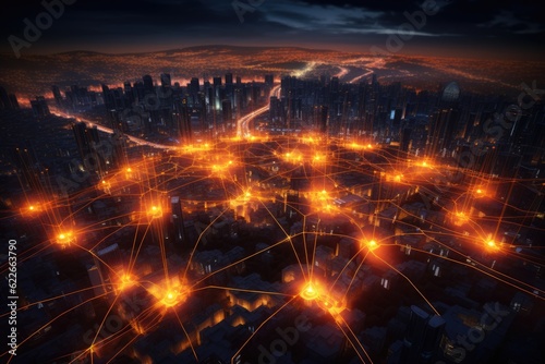 connecting yellow beams over the city symbolizing communication between people, Generative AI