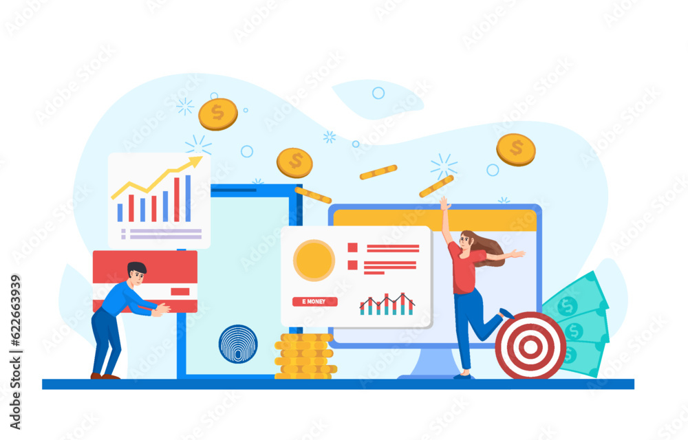 Characters management finance technology. Calculating and analyzing personal or corporate budget, managing financial income. Vector illustration
