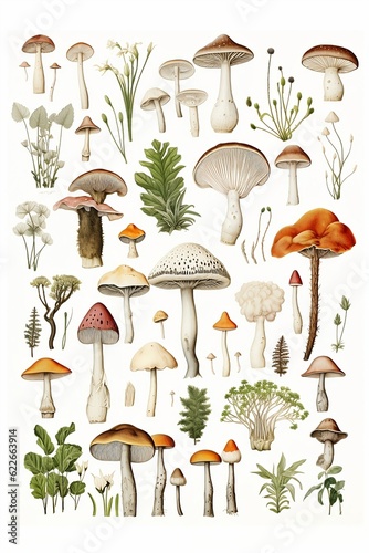 Simple clean botanical illustration of mushroom varieties on a tan background. 