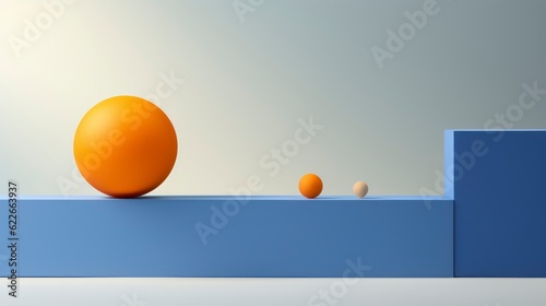 orange ball isolated on blue background stock photo, in the style of overlapping shapes © fitpinkcat84