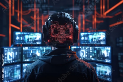 futuristic hacker guard working on computer. blurred background with lights, Generative AI