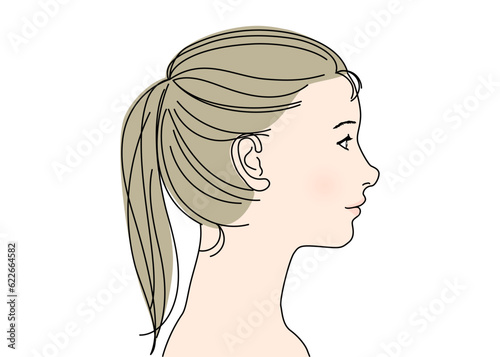 アップヘアのかわいい日本人女性の横顔アップのイラスト 上半身横向き 右向き