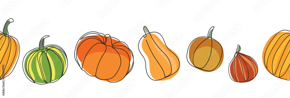 Pumpkins seamless border. Continuous line drawing pumpkins. Autumn pumpkin line art set. Different types of pumpkins seamless pattern. Minimalist art