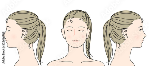 ポニーテールの目を閉じた日本人女性と開けた女性の横顔と正面顔アップのイラストセット