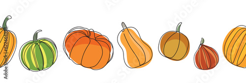 Pumpkins seamless border. Continuous line drawing pumpkins. Autumn pumpkin line art set. Different types of pumpkins seamless pattern. Minimalist art