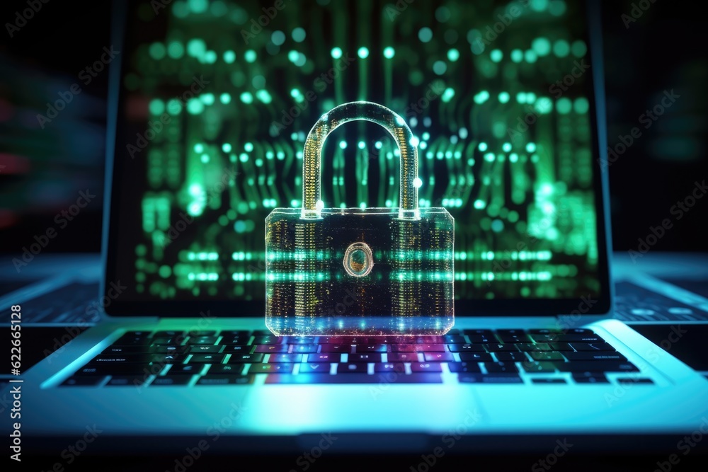 holographic padlock on laptop, dark blurred background, Generative AI holographic padlock on laptop, dark blurred background, Generative AI