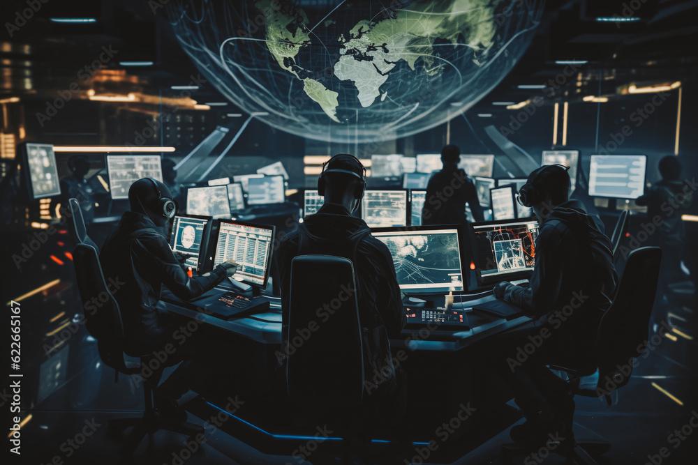 Naklejka premium people engineers working in data surveillance center, Generative AI