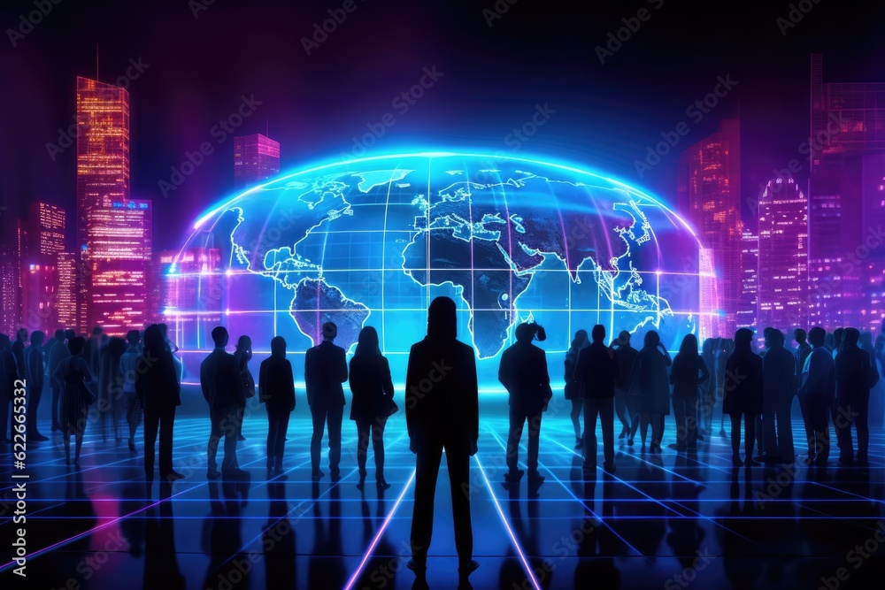 silhouettes of people standing on the background of a digital world map, symbolizing global communication, Generative AI silhouettes of people standing on the background of a digital world map, symbolizing global communication, Generative AI