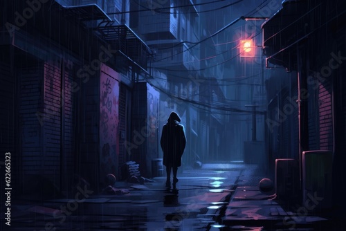 silhouette of a stranger walking through an alley at night, Generative AI © gankevstock