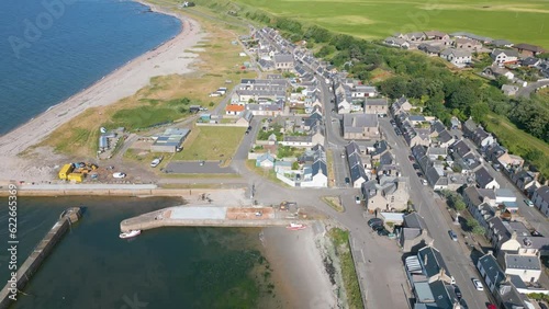 Aerial drone video of the coastal town Portgordon in Scotland photo