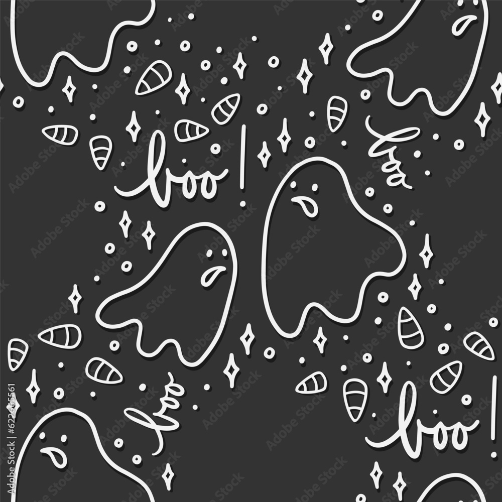 seasonal monochrome linear cartoon halloween seamless pattern with scary ghosts silhouettes isolated on dark background for print fabric paper wallpaper and web