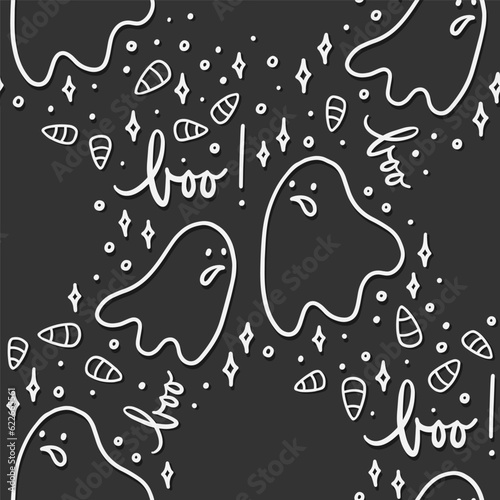 Obraz na płótnie seasonal monochrome linear cartoon halloween seamless pattern with scary ghosts silhouettes isolated on dark background for print fabric paper wallpaper and web w salonie