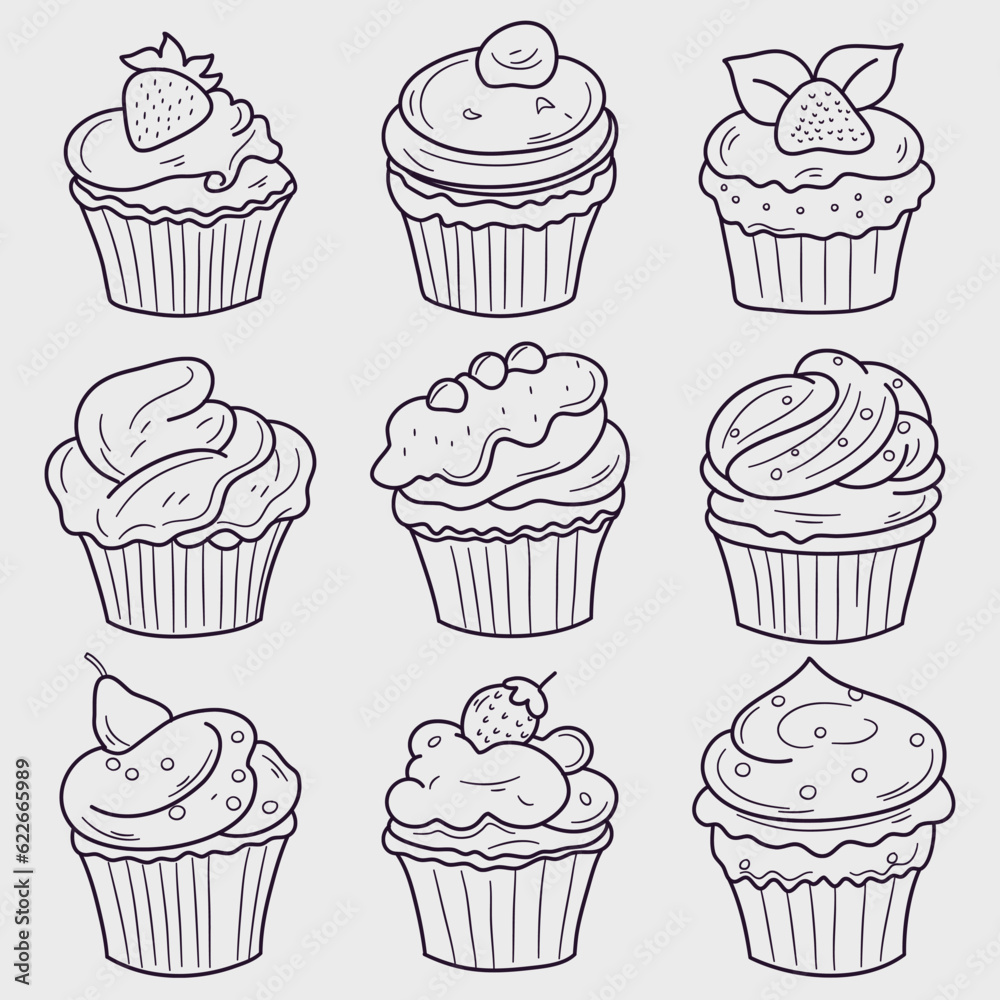 Cupcake doodle vector illustration. Hand drawn cupcake icon set. Cupcake doodle vector illustration. Hand drawn cupcake icon set.