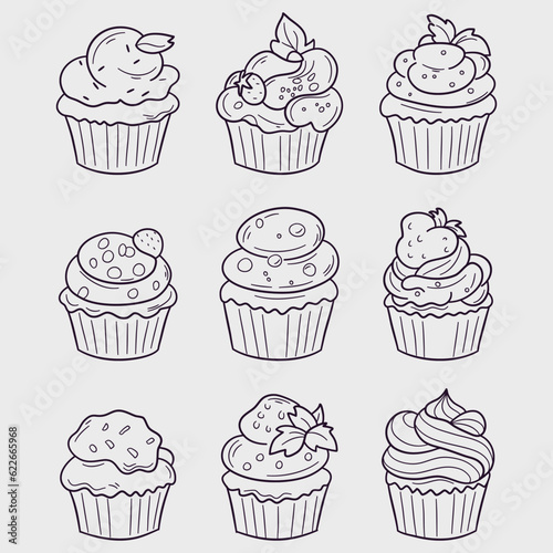 Cupcake doodle vector illustration. Hand drawn cupcake icon set.