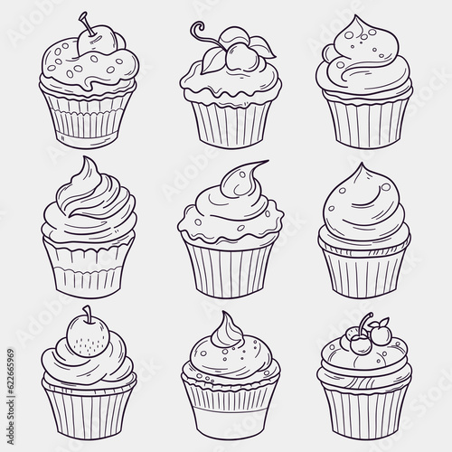Cupcake doodle vector illustration. Hand drawn cupcake icon set.