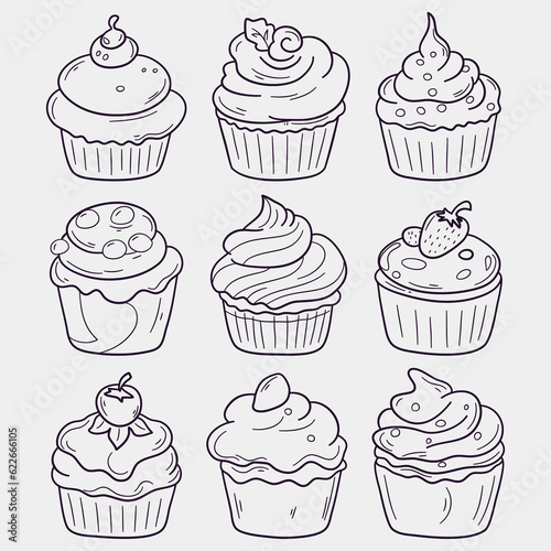 Cupcake doodle vector illustration. Hand drawn cupcake icon set.