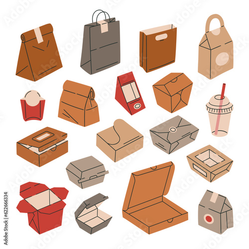 Cardboard food delivery containers. Paper takeaway food packaging, carton bags and boxes. Fast food wrappers flat vector illustration set