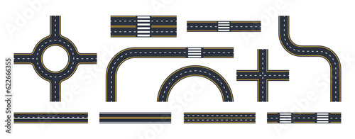 City markings roads. Urban street roads and crossroads, asphalt road twists and traffic circles flat vector illustration set
