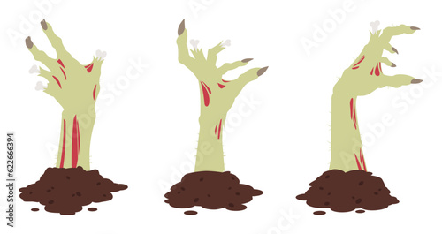 Cartoon zombie hands. Spooky monsters bony scrawny arms sticking out of ground, Halloween creepy hands silhouettes flat vector illustration set