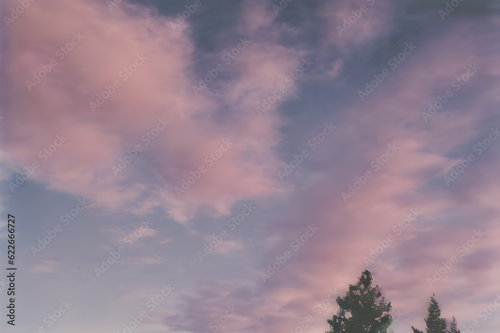 Pink clouds in the blue sky.
Generative AI