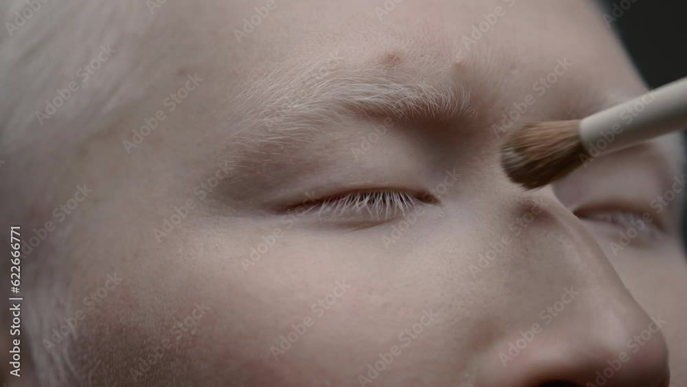 Makeup, brush and asian albino man in studio for cosmetic, foundation and blush. Powder and skincare by male model with beauty, tool and cheek contour routine. Close up