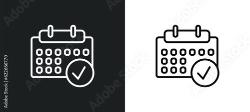 calendar checked outline icon in white and black colors. calendar checked flat vector icon from ultimate glyphicons collection for web, mobile apps and ui.