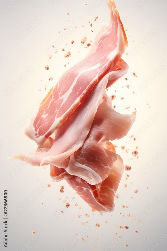 Close-Up of Prosciutto Flying in the Air, Levitation. Generative ai Close-Up of Prosciutto Flying in the Air, Levitation. Generative ai
