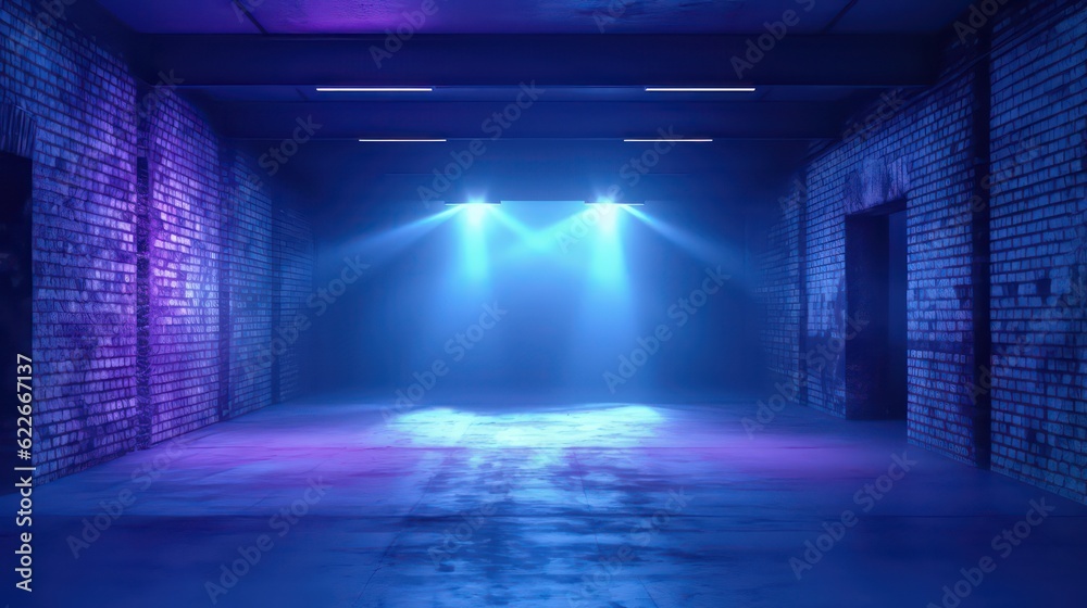 Neon Retro Club Misty Empty Hallway with Glowing Spotlights in a Dark Foggy Setting